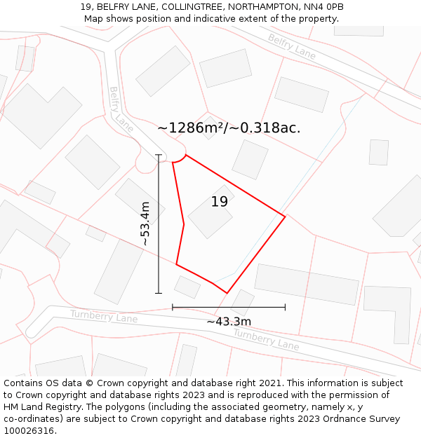19, BELFRY LANE, COLLINGTREE, NORTHAMPTON, NN4 0PB: Plot and title map