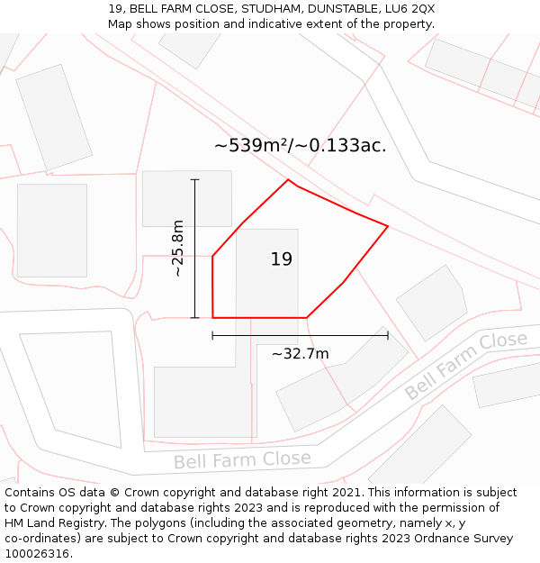 19, BELL FARM CLOSE, STUDHAM, DUNSTABLE, LU6 2QX: Plot and title map