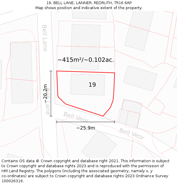 19, BELL LANE, LANNER, REDRUTH, TR16 6AP: Plot and title map