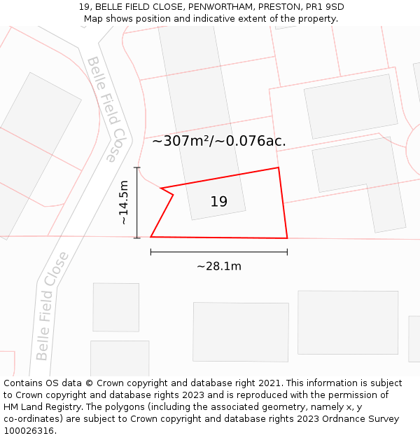 19, BELLE FIELD CLOSE, PENWORTHAM, PRESTON, PR1 9SD: Plot and title map