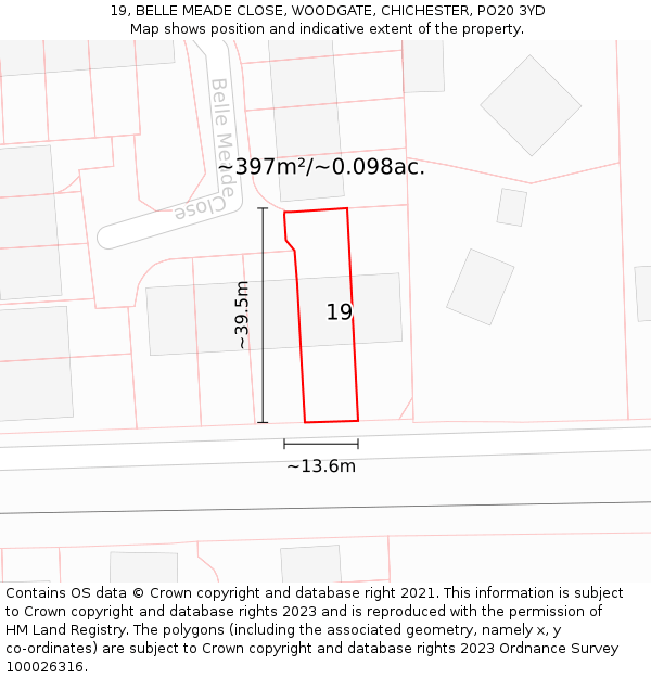 19, BELLE MEADE CLOSE, WOODGATE, CHICHESTER, PO20 3YD: Plot and title map