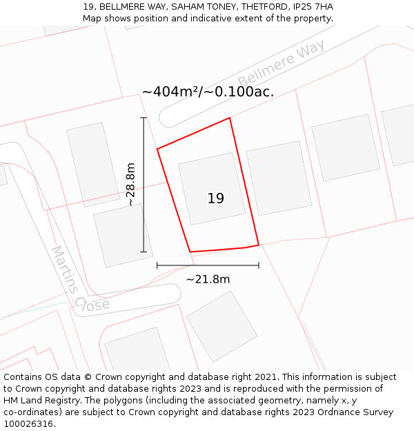 19, BELLMERE WAY, SAHAM TONEY, THETFORD, IP25 7HA: Plot and title map