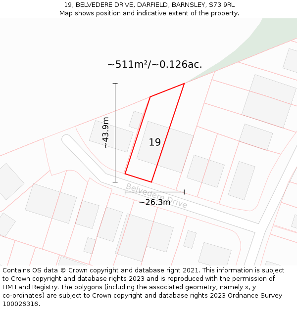 19, BELVEDERE DRIVE, DARFIELD, BARNSLEY, S73 9RL: Plot and title map