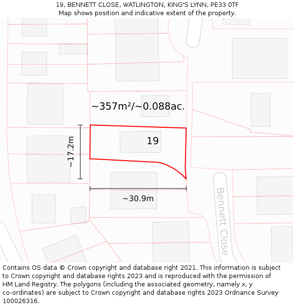 19, BENNETT CLOSE, WATLINGTON, KING'S LYNN, PE33 0TF: Plot and title map