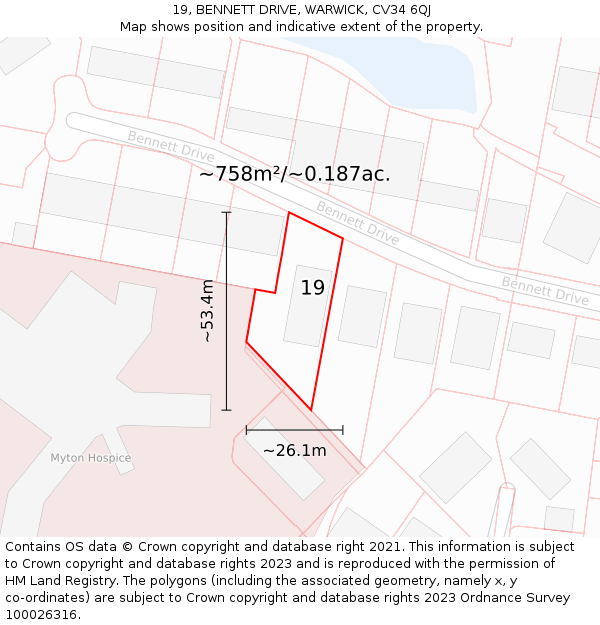 19, BENNETT DRIVE, WARWICK, CV34 6QJ: Plot and title map
