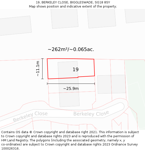 19, BERKELEY CLOSE, BIGGLESWADE, SG18 8SY: Plot and title map