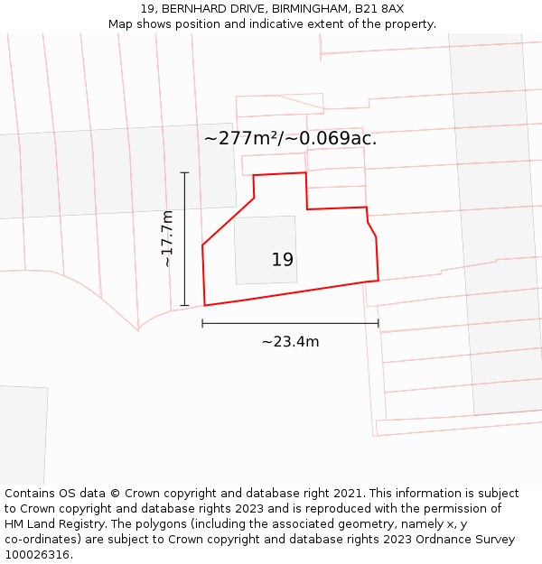 19, BERNHARD DRIVE, BIRMINGHAM, B21 8AX: Plot and title map