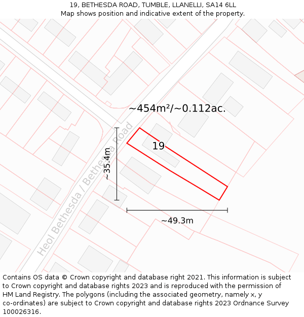 19, BETHESDA ROAD, TUMBLE, LLANELLI, SA14 6LL: Plot and title map