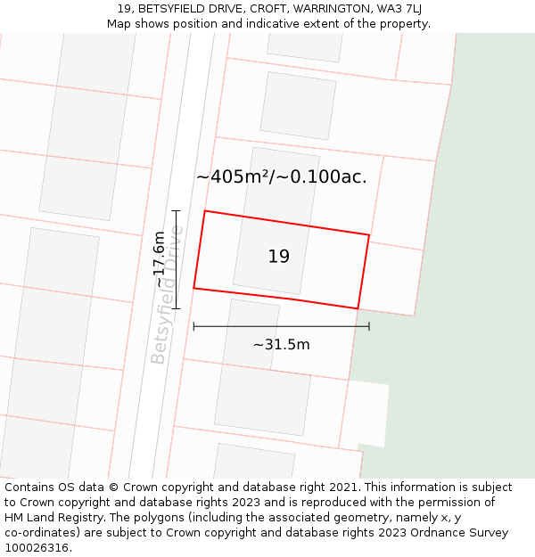 19, BETSYFIELD DRIVE, CROFT, WARRINGTON, WA3 7LJ: Plot and title map
