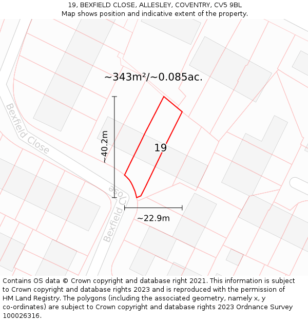 19, BEXFIELD CLOSE, ALLESLEY, COVENTRY, CV5 9BL: Plot and title map