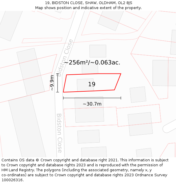 19, BIDSTON CLOSE, SHAW, OLDHAM, OL2 8JS: Plot and title map