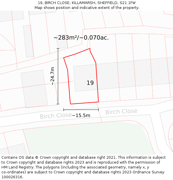 19, BIRCH CLOSE, KILLAMARSH, SHEFFIELD, S21 1FW: Plot and title map