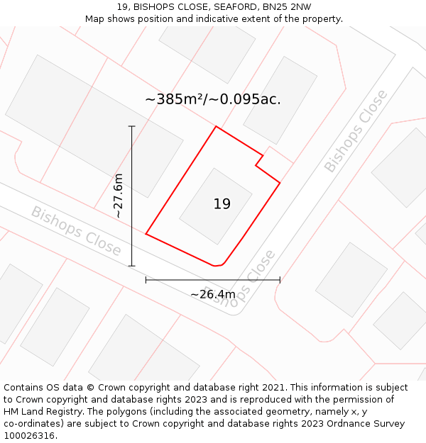 19, BISHOPS CLOSE, SEAFORD, BN25 2NW: Plot and title map
