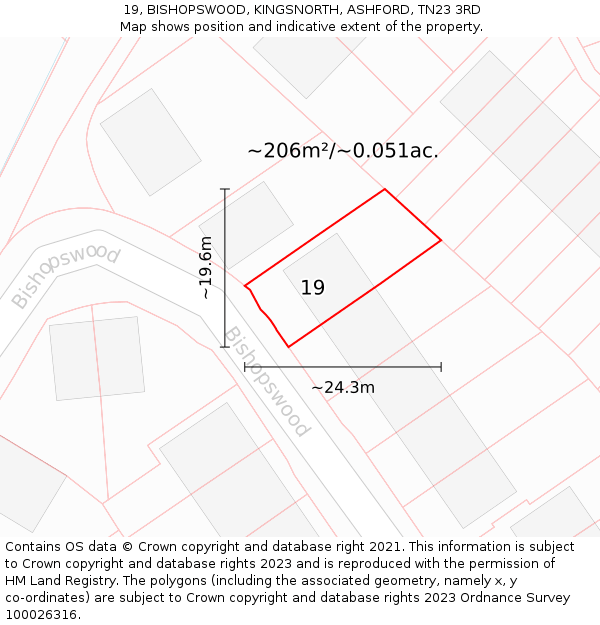 19, BISHOPSWOOD, KINGSNORTH, ASHFORD, TN23 3RD: Plot and title map