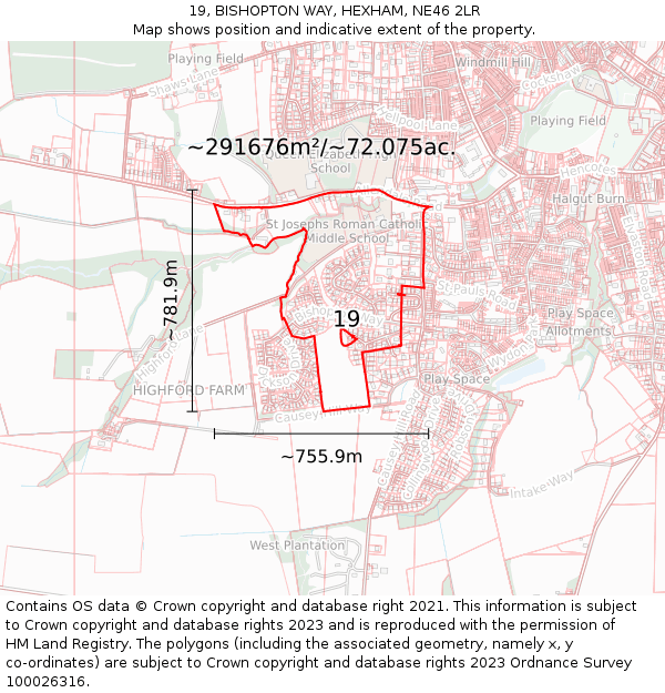 19, BISHOPTON WAY, HEXHAM, NE46 2LR: Plot and title map