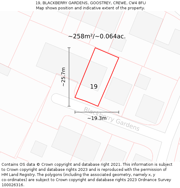 19, BLACKBERRY GARDENS, GOOSTREY, CREWE, CW4 8FU: Plot and title map