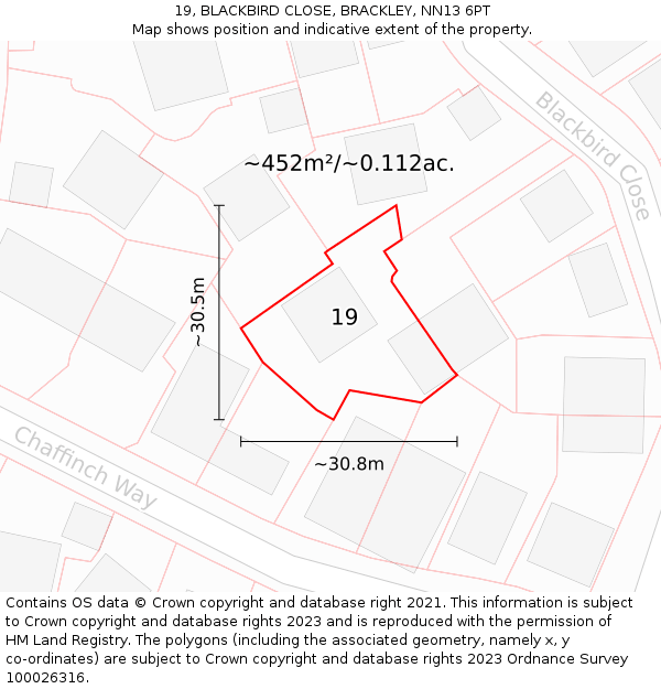 19, BLACKBIRD CLOSE, BRACKLEY, NN13 6PT: Plot and title map