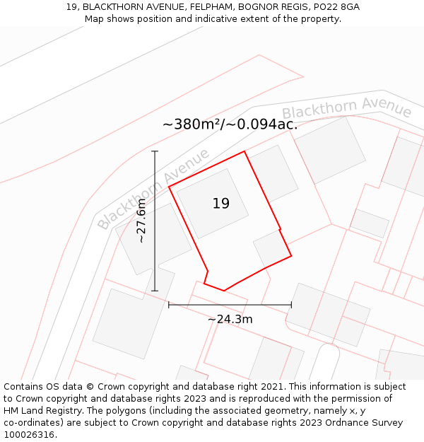 19, BLACKTHORN AVENUE, FELPHAM, BOGNOR REGIS, PO22 8GA: Plot and title map