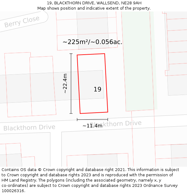 19, BLACKTHORN DRIVE, WALLSEND, NE28 9AH: Plot and title map