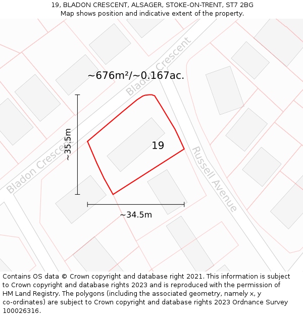 19, BLADON CRESCENT, ALSAGER, STOKE-ON-TRENT, ST7 2BG: Plot and title map
