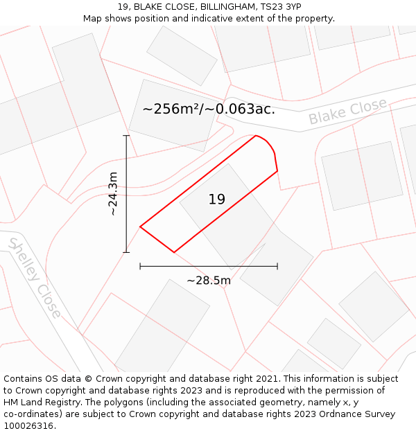 19, BLAKE CLOSE, BILLINGHAM, TS23 3YP: Plot and title map