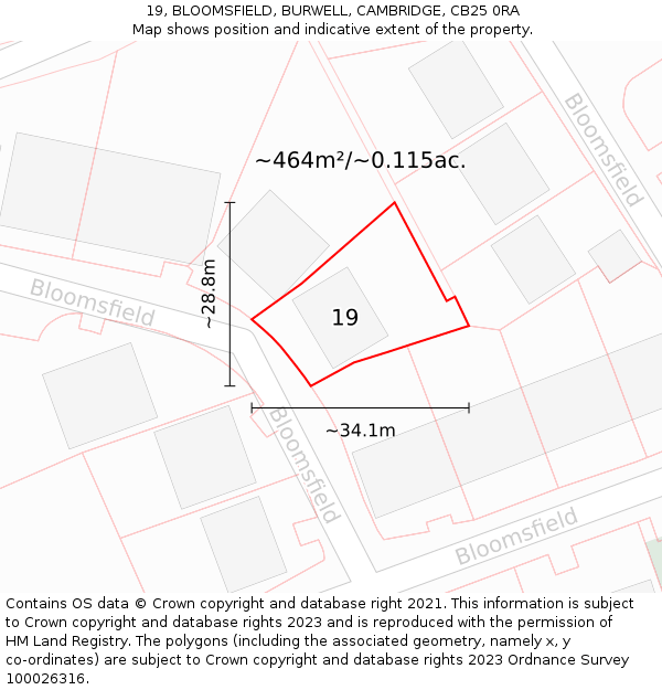 19, BLOOMSFIELD, BURWELL, CAMBRIDGE, CB25 0RA: Plot and title map