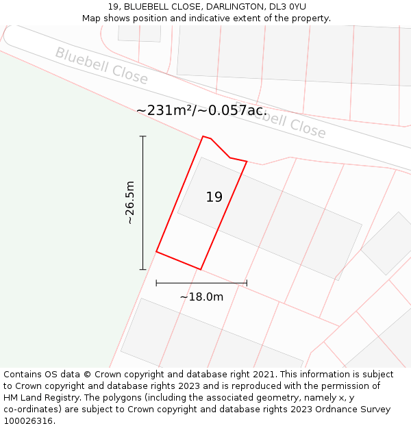 19, BLUEBELL CLOSE, DARLINGTON, DL3 0YU: Plot and title map