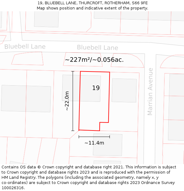 19, BLUEBELL LANE, THURCROFT, ROTHERHAM, S66 9FE: Plot and title map