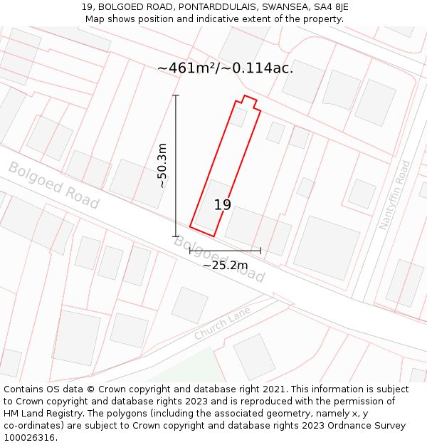 19, BOLGOED ROAD, PONTARDDULAIS, SWANSEA, SA4 8JE: Plot and title map