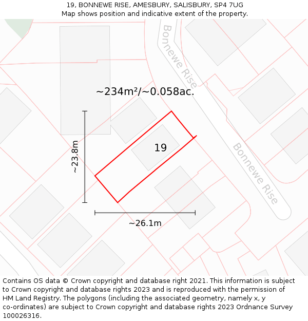 19, BONNEWE RISE, AMESBURY, SALISBURY, SP4 7UG: Plot and title map