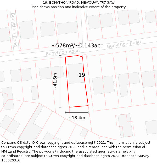 19, BONYTHON ROAD, NEWQUAY, TR7 3AW: Plot and title map
