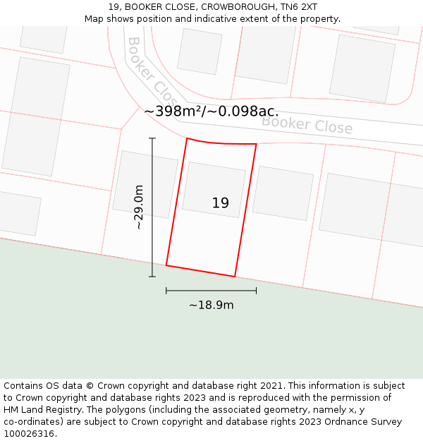 19, BOOKER CLOSE, CROWBOROUGH, TN6 2XT: Plot and title map