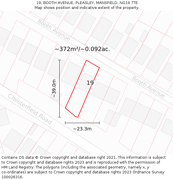 19, BOOTH AVENUE, PLEASLEY, MANSFIELD, NG19 7TE: Plot and title map