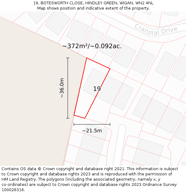 19, BOTESWORTH CLOSE, HINDLEY GREEN, WIGAN, WN2 4NL: Plot and title map