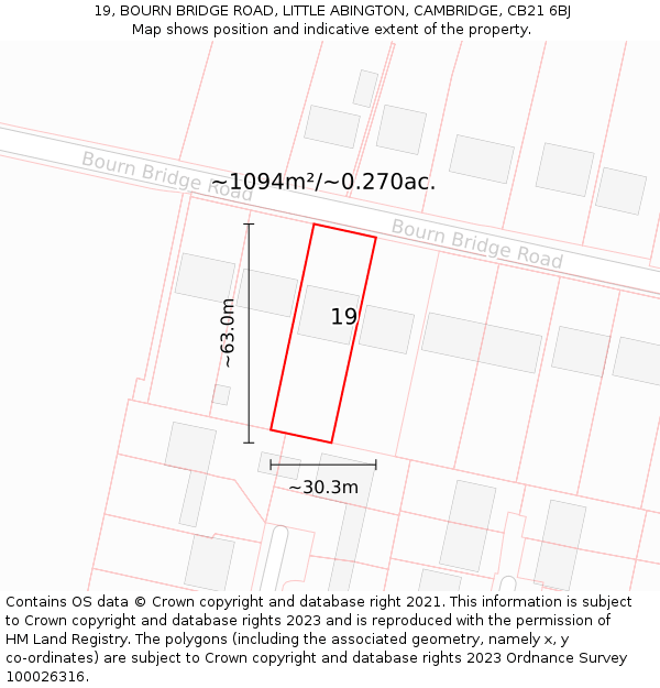 19, BOURN BRIDGE ROAD, LITTLE ABINGTON, CAMBRIDGE, CB21 6BJ: Plot and title map