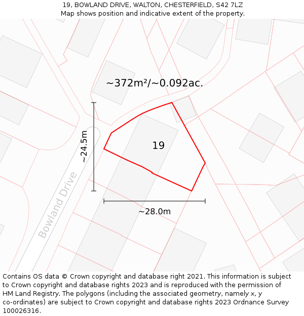 19, BOWLAND DRIVE, WALTON, CHESTERFIELD, S42 7LZ: Plot and title map