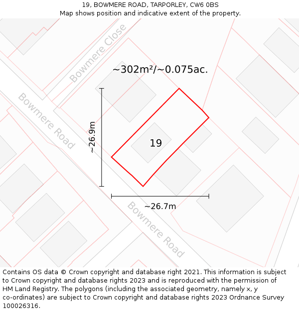 19, BOWMERE ROAD, TARPORLEY, CW6 0BS: Plot and title map