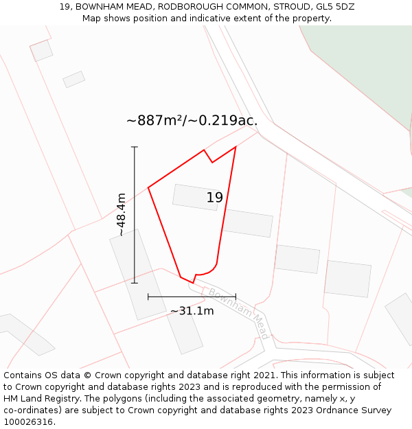 19, BOWNHAM MEAD, RODBOROUGH COMMON, STROUD, GL5 5DZ: Plot and title map