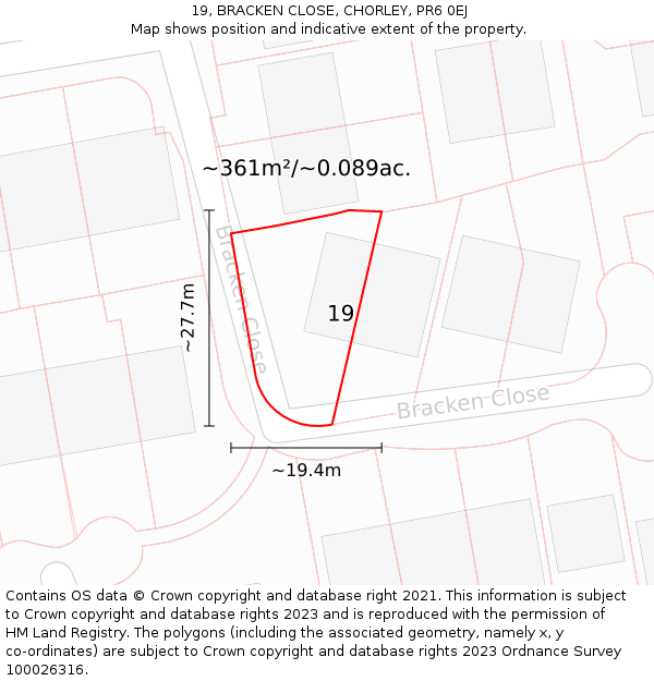 19, BRACKEN CLOSE, CHORLEY, PR6 0EJ: Plot and title map