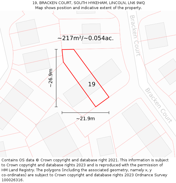 19, BRACKEN COURT, SOUTH HYKEHAM, LINCOLN, LN6 9WQ: Plot and title map