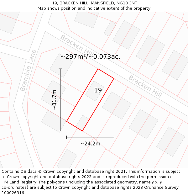 19, BRACKEN HILL, MANSFIELD, NG18 3NT: Plot and title map