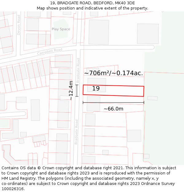 19, BRADGATE ROAD, BEDFORD, MK40 3DE: Plot and title map