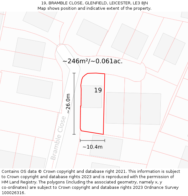 19, BRAMBLE CLOSE, GLENFIELD, LEICESTER, LE3 8JN: Plot and title map
