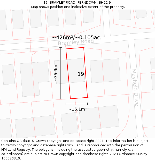 19, BRAMLEY ROAD, FERNDOWN, BH22 9JJ: Plot and title map