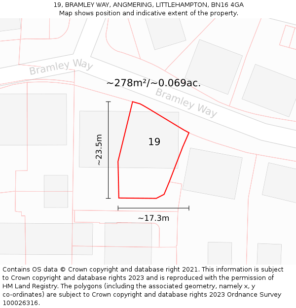 19, BRAMLEY WAY, ANGMERING, LITTLEHAMPTON, BN16 4GA: Plot and title map