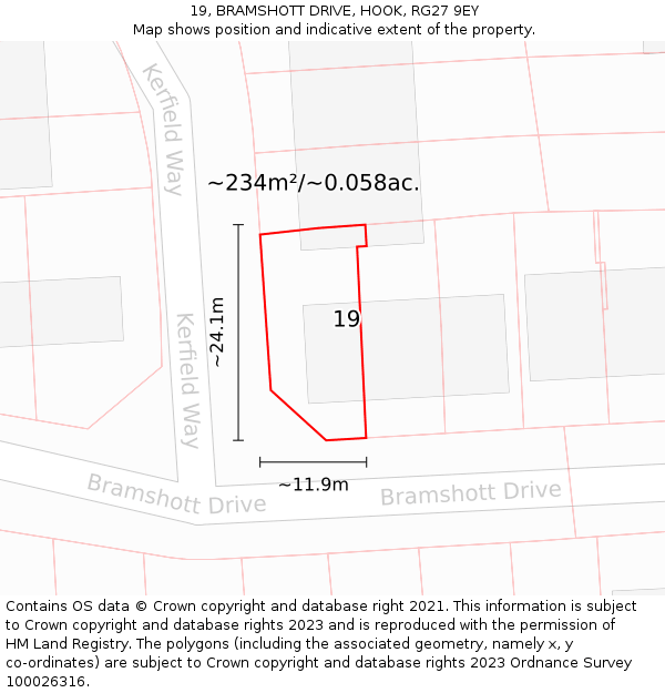 19, BRAMSHOTT DRIVE, HOOK, RG27 9EY: Plot and title map