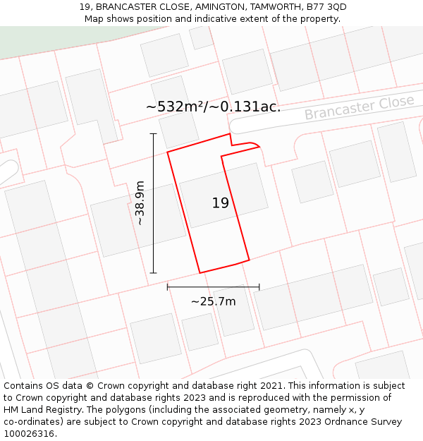 19, BRANCASTER CLOSE, AMINGTON, TAMWORTH, B77 3QD: Plot and title map