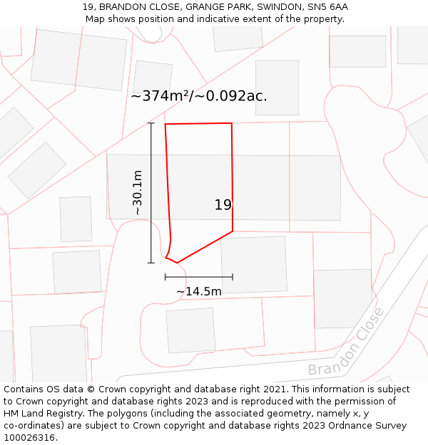 19, BRANDON CLOSE, GRANGE PARK, SWINDON, SN5 6AA: Plot and title map