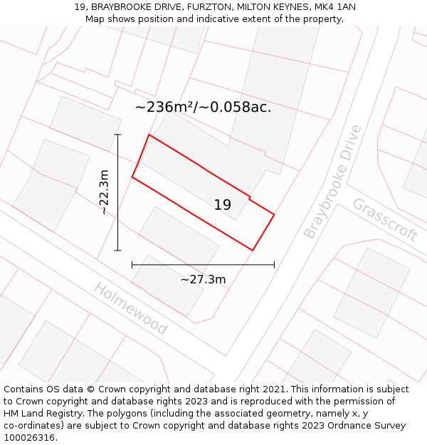 19, BRAYBROOKE DRIVE, FURZTON, MILTON KEYNES, MK4 1AN: Plot and title map