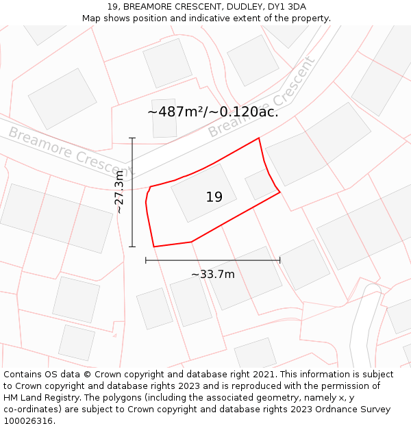 19, BREAMORE CRESCENT, DUDLEY, DY1 3DA: Plot and title map